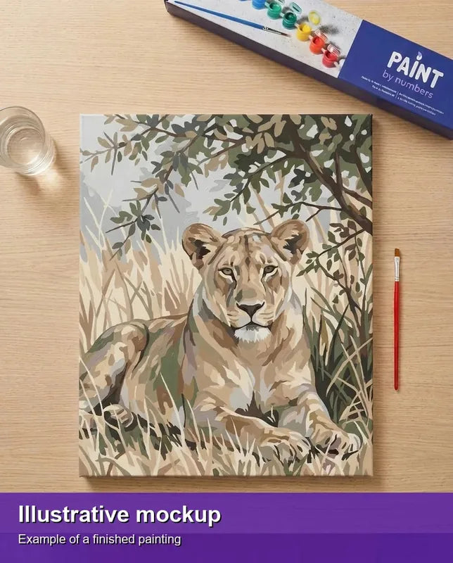 Valmiin numeromaalauksen havainnekuva - Lioness in Grass 40x50cm