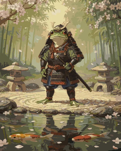 Samuraikonna numeromaalaus - sammakko samurai kirsikankukkien keskellä.