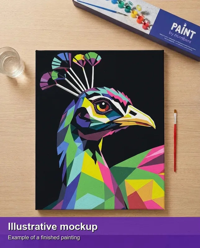 Valmiin numeromaalauksen havainnekuva - Geometric Peacock Portrait 40x50cm
