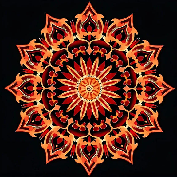 Mandala i eldrött och orange mot svart bakgrund