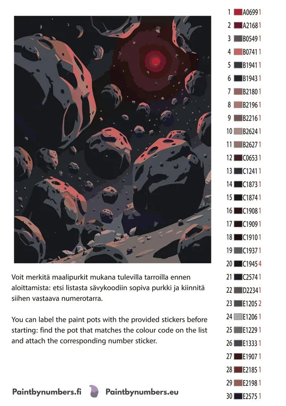 Paint by numbers color chart - Asteroids in Space Scene - väriluettelo ja ohjeet