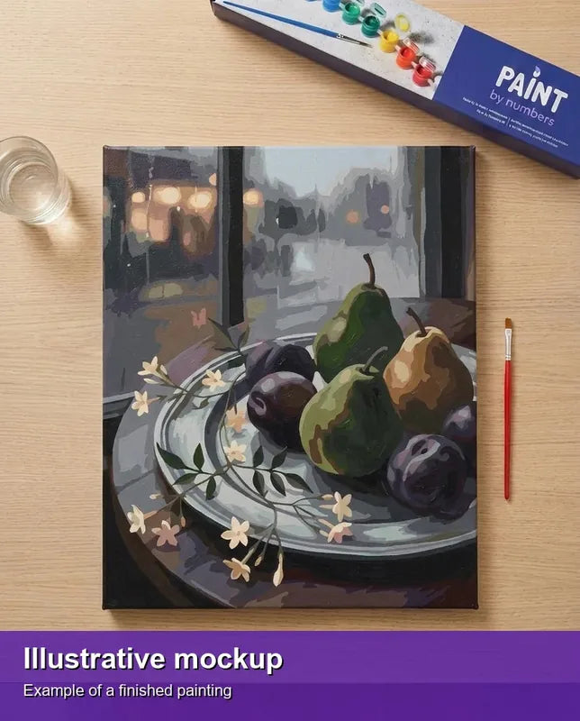 Valmiin numeromaalauksen havainnekuva - Pears and Plums on Plate 40x50cm