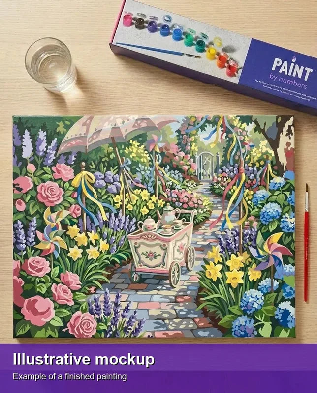 Valmiin numeromaalauksen havainnekuva - Tea Cart in Flower Garden 50x40cm