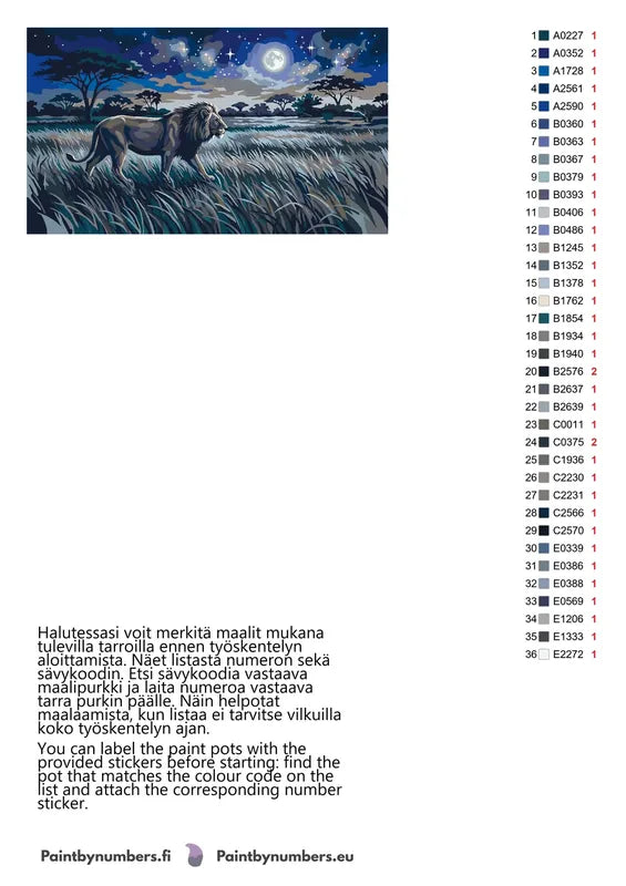Värikartta ja ohjeet - Lion Under Moonlight 70x40cm
