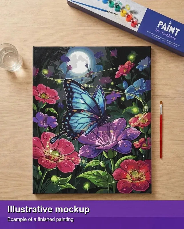 Valmiin numeromaalauksen havainnekuva - Moonlit Butterfly Garden 40x50cm