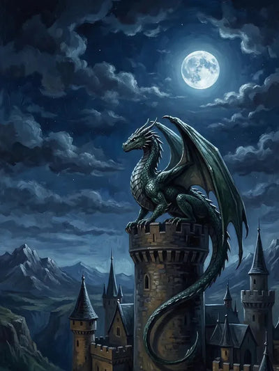 Timanttimaalaus, jossa vihreä lohikäärme istuu linnantornin huipulla kuutamoyössä.