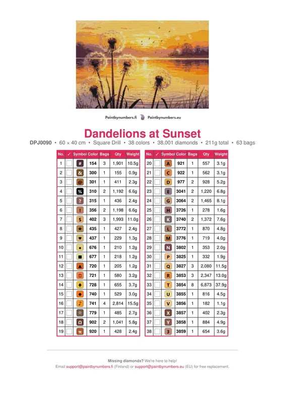 Dandelions at Sunset timanttimaalauksen värikartta – 38 DMC-väriä