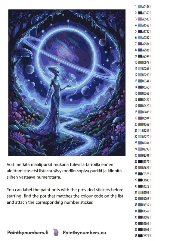 Paint by numbers color chart - Alien with Ringed Planet - väriluettelo ja ohjeet