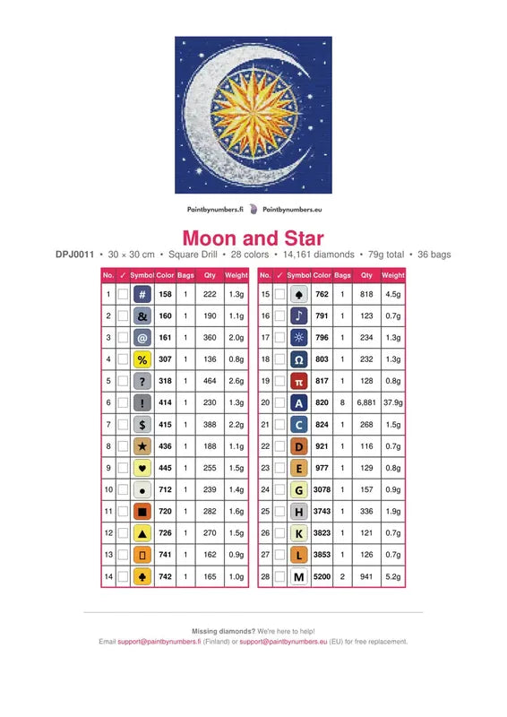 Moon and Star timanttimaalauksen värikartta – 28 DMC-väriä