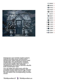 Thumbnail for Paint by numbers color chart - Greenhouse at Night - väriluettelo ja ohjeet