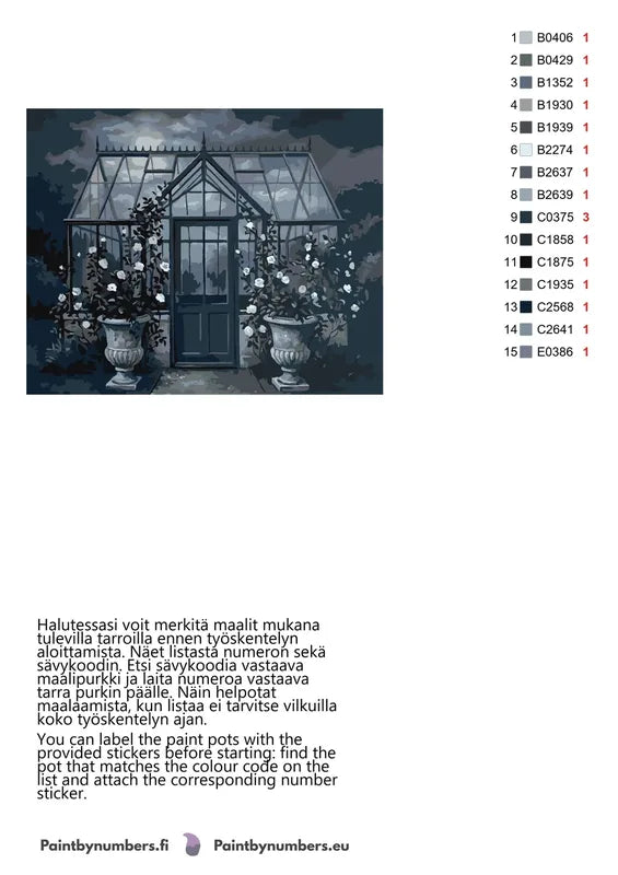Paint by numbers color chart - Greenhouse at Night - väriluettelo ja ohjeet