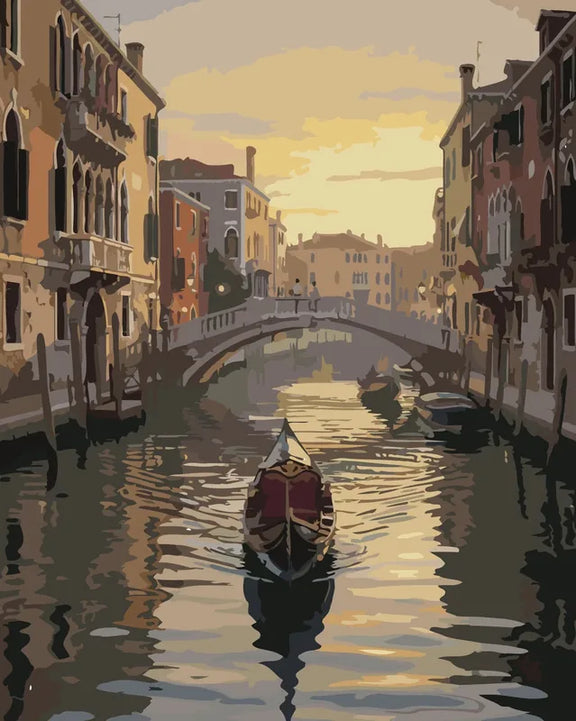 Venetian canal with a gondola at sunset paint by numbers