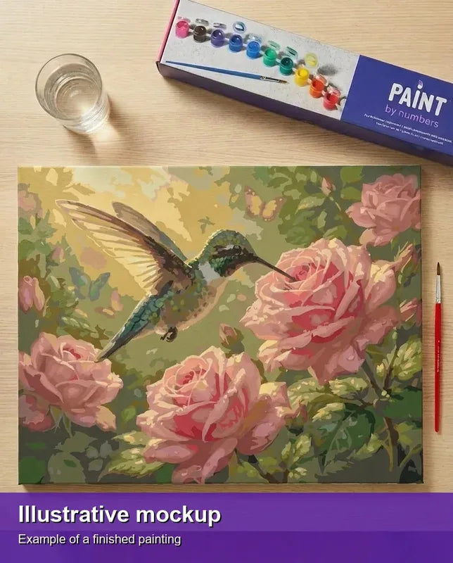 Valmiin numeromaalauksen havainnekuva - Hummingbird and Roses 50x40cm