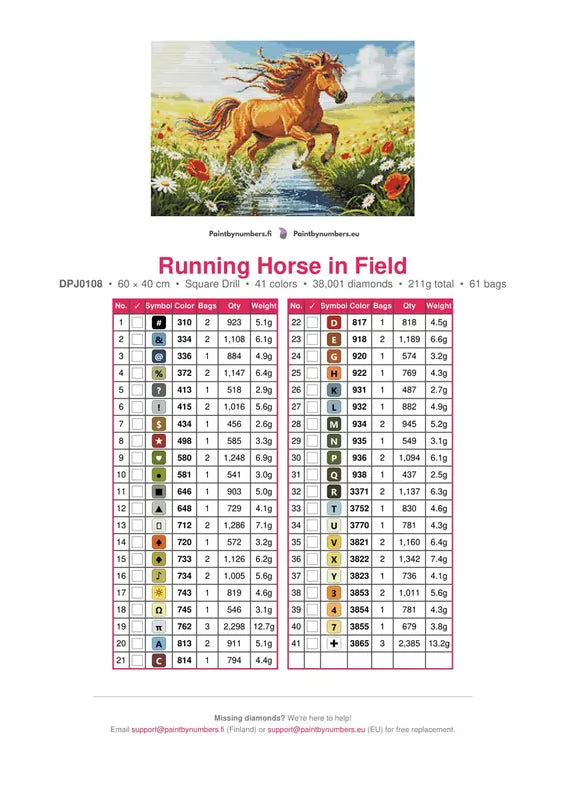 Running Horse in Field timanttimaalauksen värikartta – 41 DMC-väriä