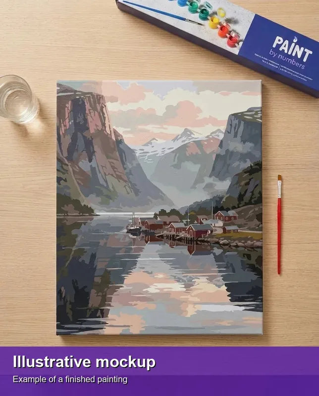 Valmiin numeromaalauksen havainnekuva - Serene Fjord Reflections 40x50cm