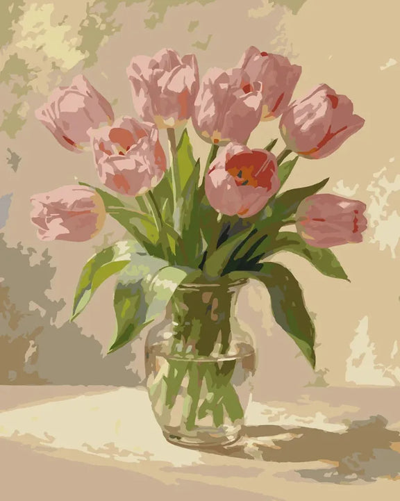 Pink tulips in a clear glass vase casting a shadow on a table paint by numbers