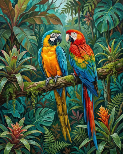 Timanttimaalaus, jossa kaksi värikästä papukaijaa istuu oksalla trooppisen sademetsän keskellä.