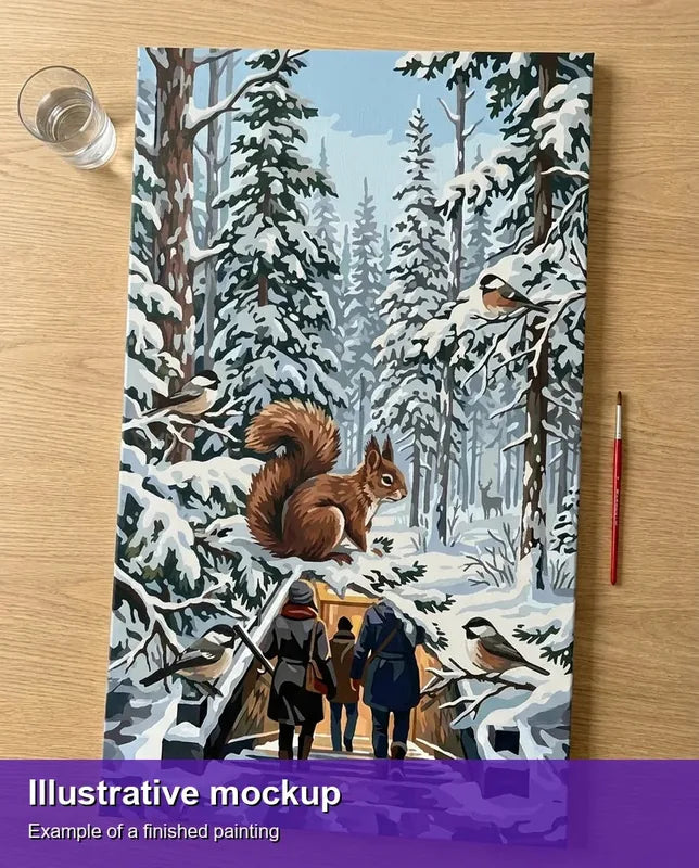 Valmiin numeromaalauksen havainnekuva - Squirrel and Birds in Winter Forest 40x70cm