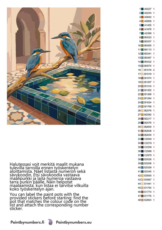 Paint by numbers color chart - Two Kingfishers by Fountain - väriluettelo ja ohjeet