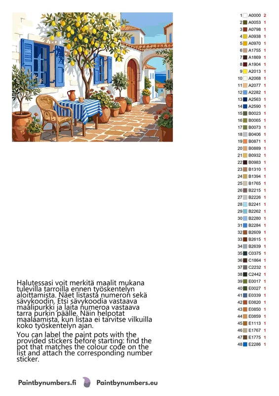 Paint by numbers color chart - Courtyard with Lemon Tree - väriluettelo ja ohjeet