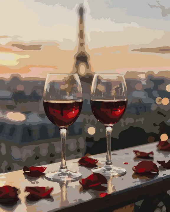 Wine glasses and the Eiffel Tower in a city view paint by numbers