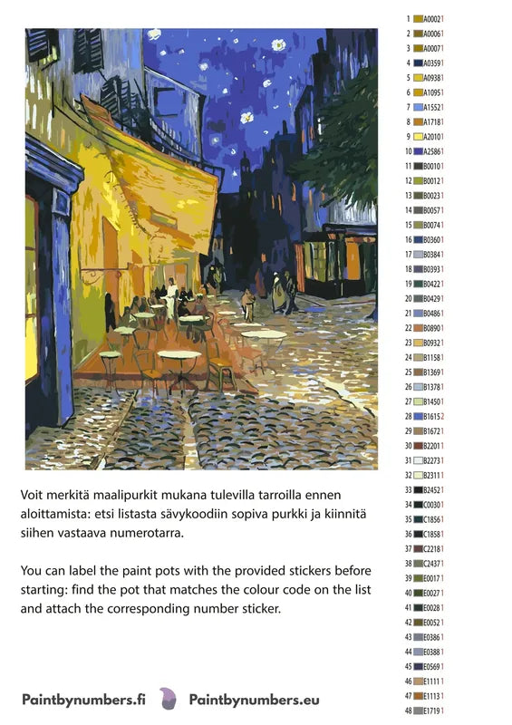 Paint by numbers color chart - Cafe Terrace at Night - väriluettelo ja ohjeet
