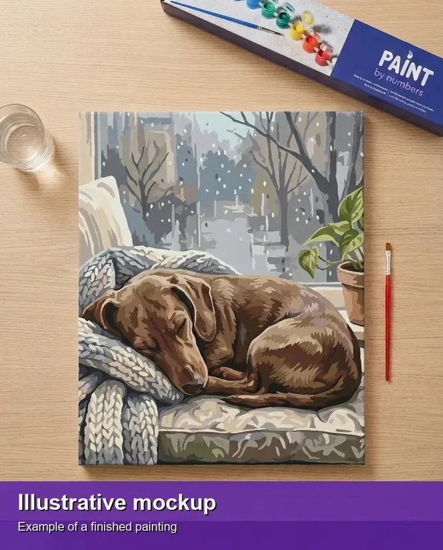 Valmiin numeromaalauksen havainnekuva - Dachshund Sleeping on Bench 40x50cm