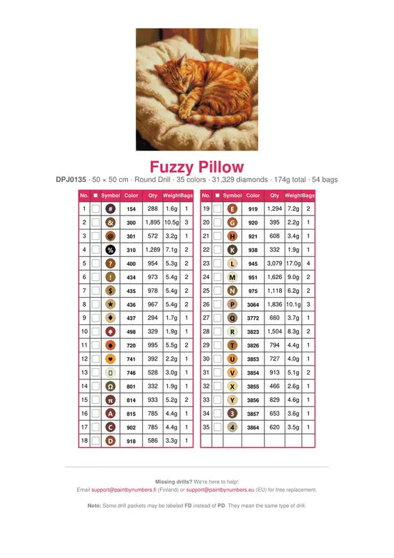 Fuzzy Pillow timanttimaalauksen värikartta – 35 DMC-väriä