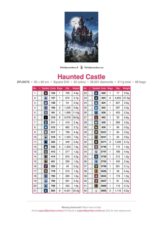 Haunted Castle timanttimaalauksen värikartta – 42 DMC-väriä