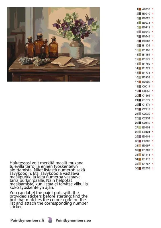 Paint by numbers color chart - Bottles and Flower Arrangement - väriluettelo ja ohjeet