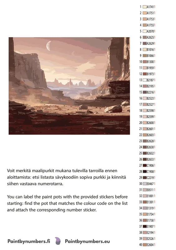 Paint by numbers color chart - Desert Canyon Landscape - väriluettelo ja ohjeet