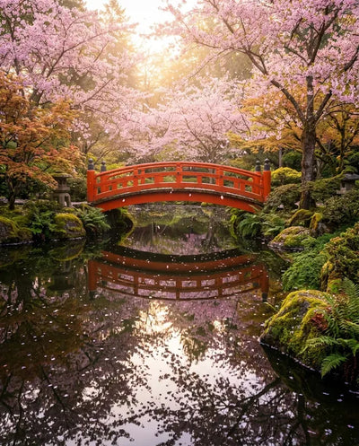 Timanttimaalaus japanilainen puutarha punaisella sillalla ja kirsikankukilla