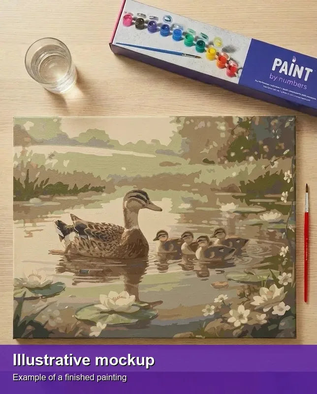 Valmiin numeromaalauksen havainnekuva - Ducklings in Water 50x40cm