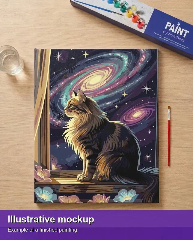 Valmiin numeromaalauksen havainnekuva - Galactic Feline Dreams 40x50cm