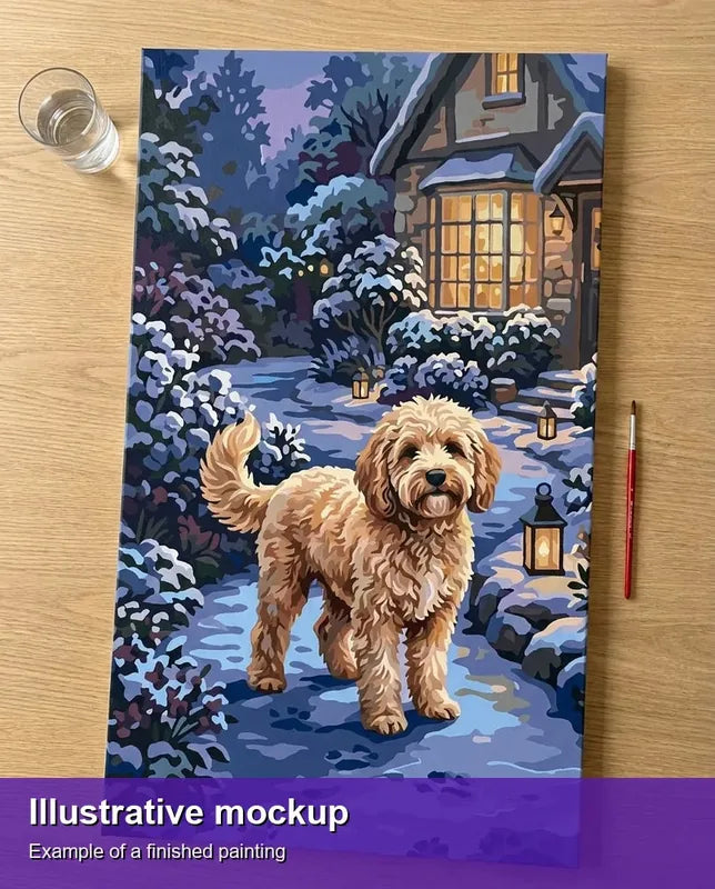 Valmiin numeromaalauksen havainnekuva - Doodle Dog in Snow 40x70cm