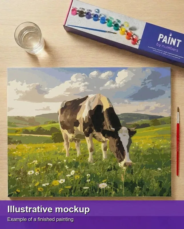 Valmiin numeromaalauksen havainnekuva - Cow in Flower Field 50x40cm