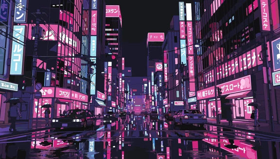 Neon city lights and reflections at night paint by numbers