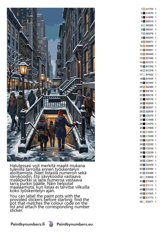 Paint by numbers color chart - People Entering Subway Winter - väriluettelo ja ohjeet