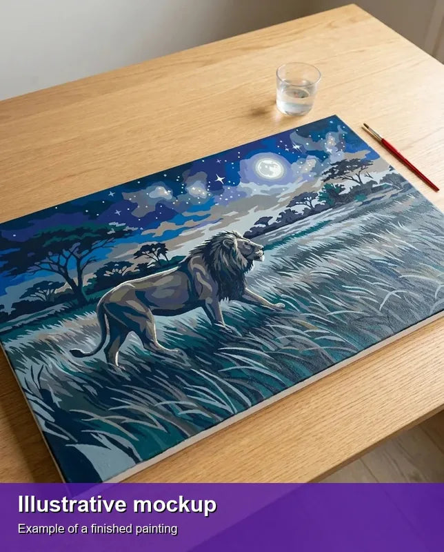 Valmiin numeromaalauksen havainnekuva - Lion Under Moonlight 70x40cm