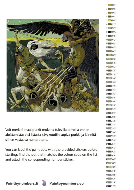 Paint by numbers color chart - The Defense of the Sampo - väriluettelo ja ohjeet
