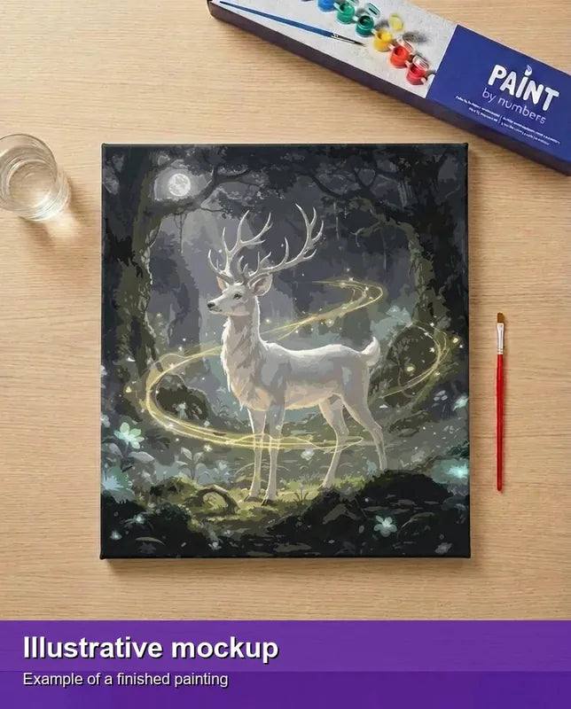 Valmiin numeromaalauksen havainnekuva - White Deer in Forest 50x50cm