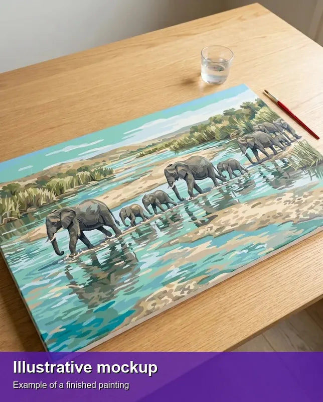 Valmiin numeromaalauksen havainnekuva - Elephants Crossing River 70x40cm