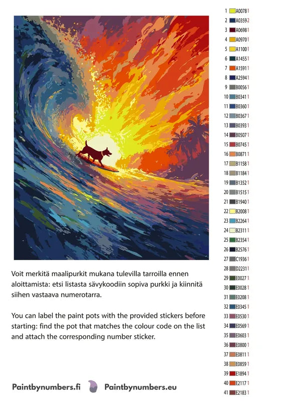 Paint by numbers color chart - Dog Surfing Ocean Wave - väriluettelo ja ohjeet