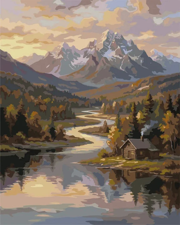 Finished paint by numbers showing a mountain landscape