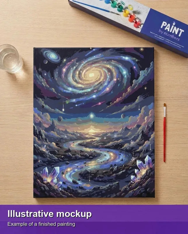 Valmiin numeromaalauksen havainnekuva - Galaxy Over River Landscape 40x50cm