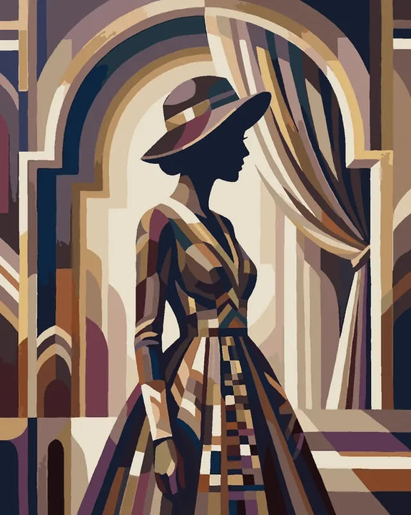 Woman in a striped dress standing before arches paint by numbers