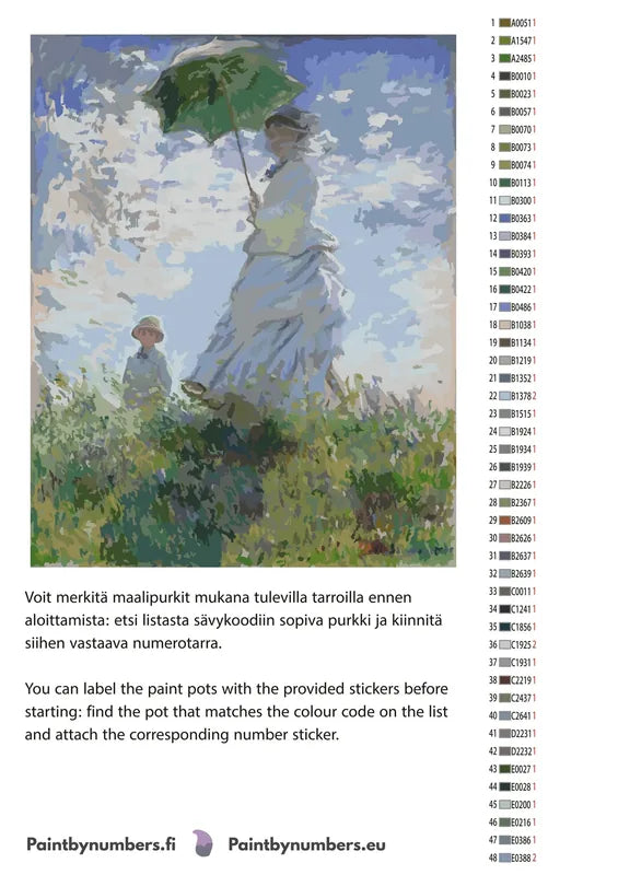 Paint by numbers color chart - Woman with a Parasol - väriluettelo ja ohjeet