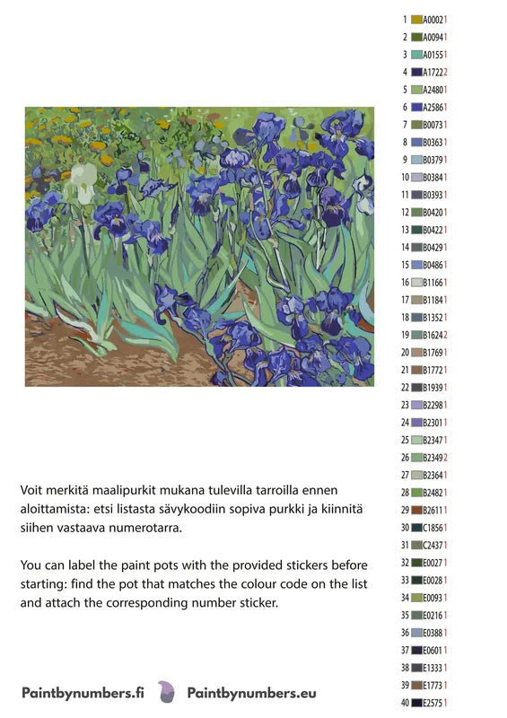 Paint by numbers color chart - Irises - väriluettelo ja ohjeet