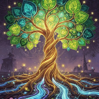 Taianomainen elämänpuu, jossa hehkuvat lehdet ja juuret