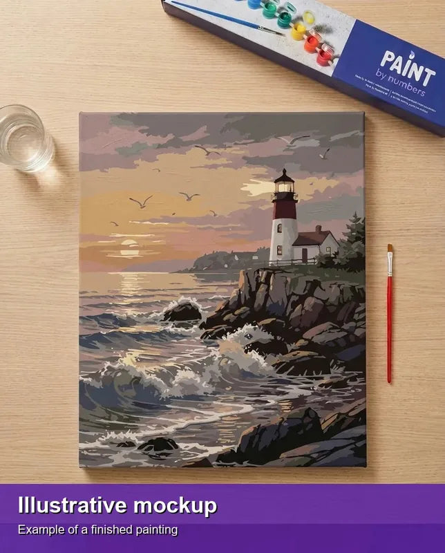 Valmiin numeromaalauksen havainnekuva - Sunset Lighthouse Serenity 40x50cm
